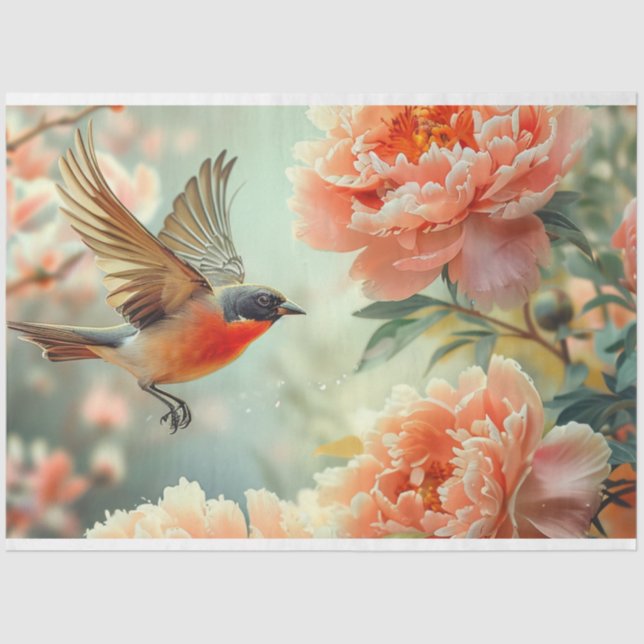 Papel De Seda Peach Flowers Bird Decoupage (Frente )