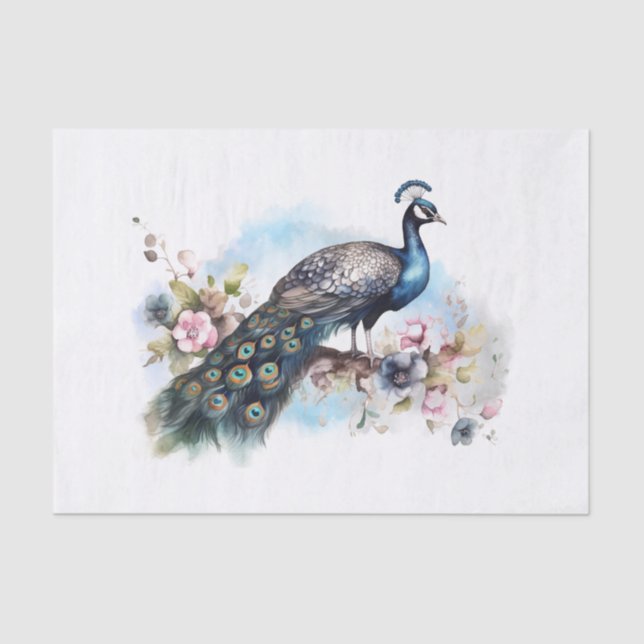Papel De Seda Peacock Bird Floral Watercolor (Frente )