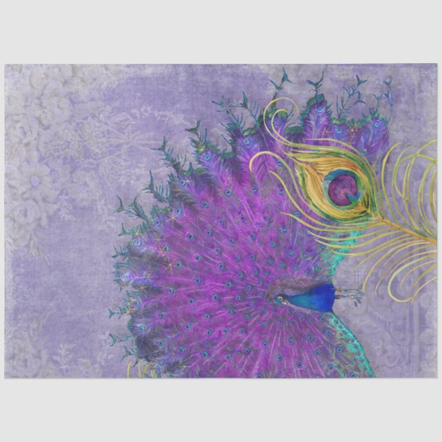 Papel De Seda Peacock Feather Lavanda Arte Dourada de Decoupage  (Frente )