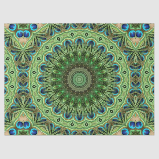 Papel De Seda Peacock Feather Mandala Emerald e Blue Symtry (Frente )