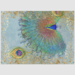 Papel De Seda Peacock Gold Foil Scrolwork Feather Decoupage Art