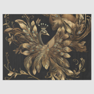 Papel De Seda Peacock ouro com penas azuis em preto