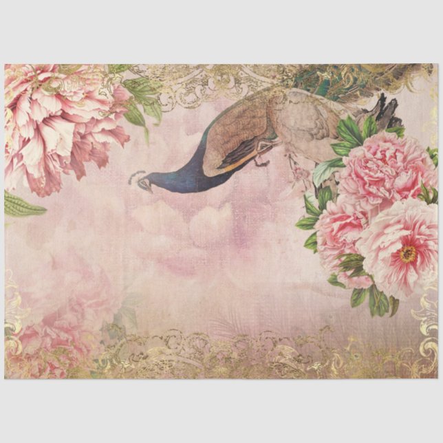 Papel De Seda Peacock Peony Floral Blush Rosa Dourado Decoupage (Frente )