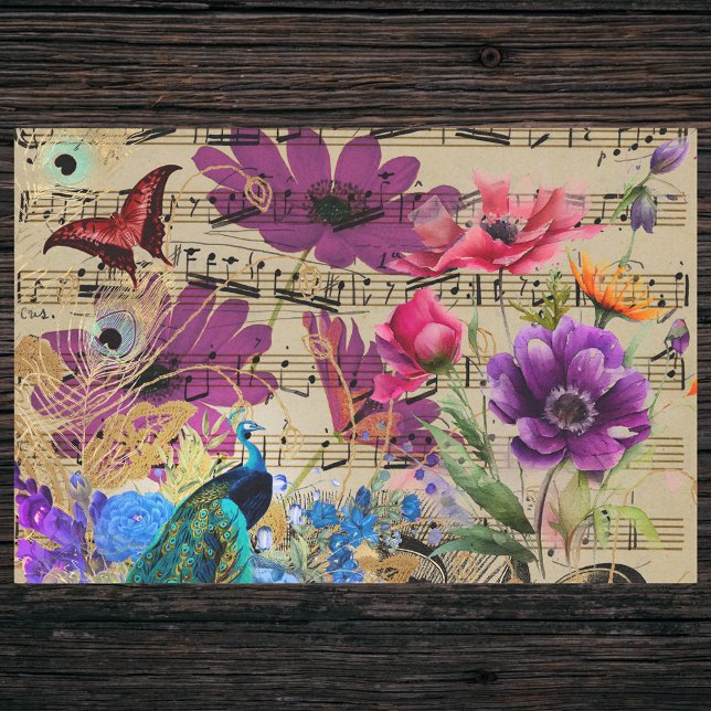 Papel De Seda Peacock Spring Flowers Musical Score and Butterfly (Criador carregado)