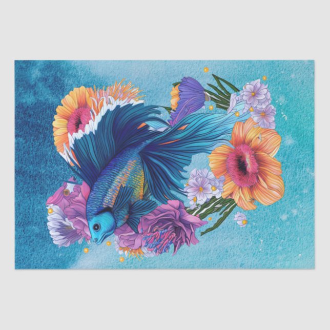 Papel De Seda Peixe Floral Água Fresca Aquarela Tropical (Frente )