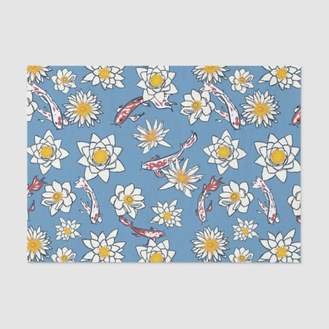 Papel De Seda Peixe Koi Japonês e Padrão Floral (Frente )