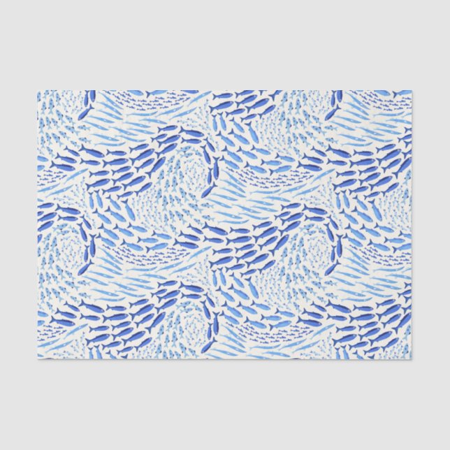 Papel De Seda Peixes Azuis Nadando no Oceano - Claro (Frente )