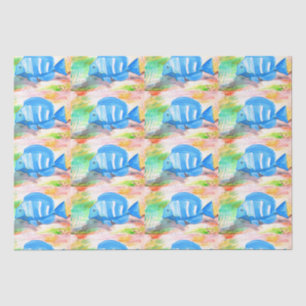 Papel De Seda Peixes azuis tropicais Aquarela Oceano oceânico