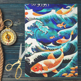 Papel De Seda Peixes Koi Laranja em uma Grande Onda Estilo Japon
