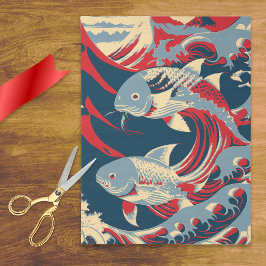 Papel De Seda Peixes Koi no Estilo da Grande Onda com Azul Marin