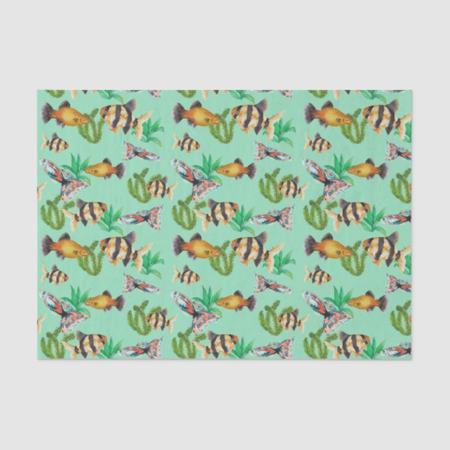 Papel De Seda Peixes Tropicais e algas marinhas Verdes (Frente )