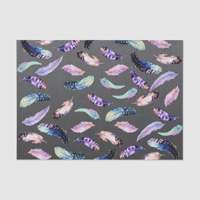 Papel De Seda Penas de Aquarela Padrão de Cinza (Frente )