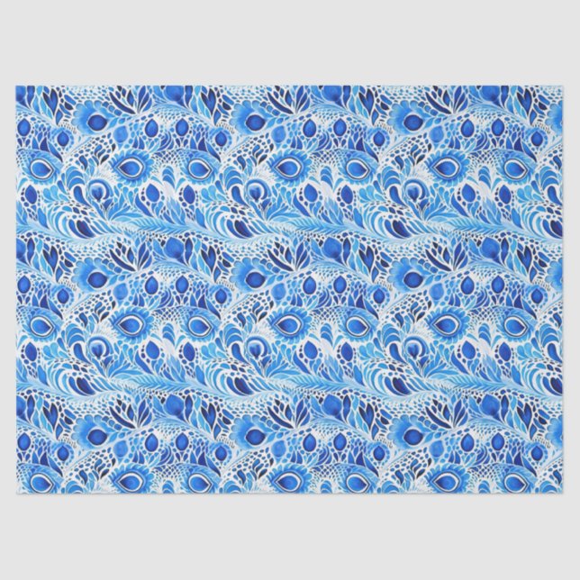 Papel De Seda Penas de Pavão Branco Azul (Frente )