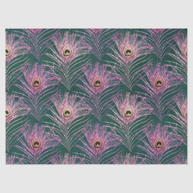 Papel De Seda Penas de Pavão Rosa na Decoupage Verde (Frente )