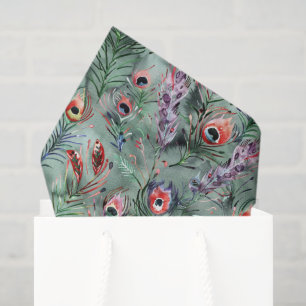 Papel De Seda Penas de Pavão Vermelhas e Verdes