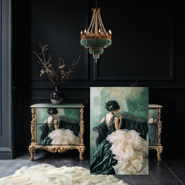 Papel De Seda Penas Delicadas Mulher Elegante Sentada, Chic Fran (Woman sitting, Delicate Plumes Portrait Beauty, Emerald Green & Beige Decoupage Tissue Paper.)