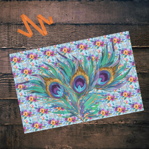 Papel De Seda Penas e Flores de Pavão Púrpura e Azul Coloridas