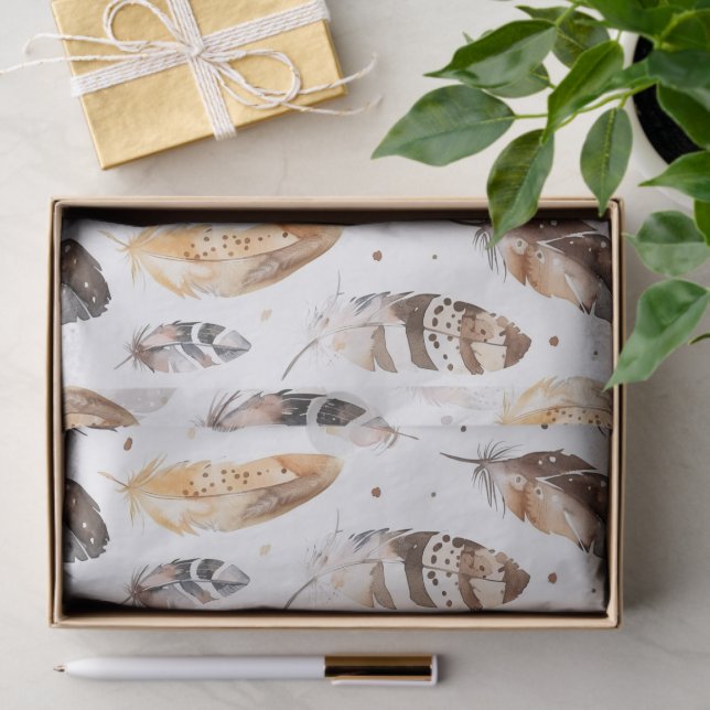 Papel De Seda Penas Nativas Tribais de Creme Castanho (Presente)