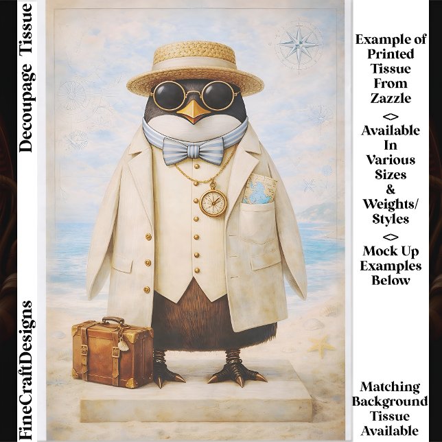 Papel De Seda Penguin Seaside Traveller & Mala FG5 Decoupage (Criador carregado)