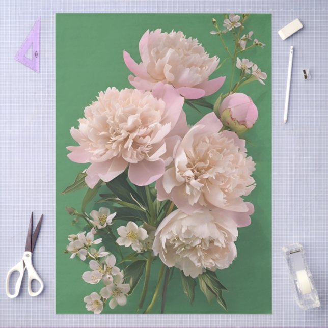 Papel De Seda Pêonias Cor-de-Rosa Em Placa Verde (Arte )
