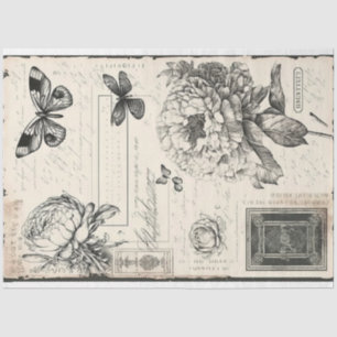 Papel De Seda Pêonias negras e brancas e borboletas