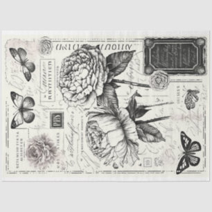 Papel De Seda Pêonias negras e brancas e borboletas