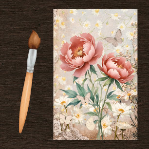 Papel De Seda Peônias Rosa Antigo Margaridas Brancas Renda e Mar