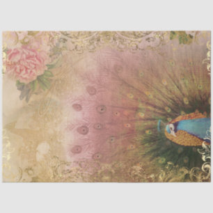 Papel De Seda Peony Floral Peacock Blush Dourado Decoupage Rosa