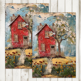 PAPEL DE SEDA PEQUENA CASA RURAL VERMELHA MISTA COM COLAGEM DECO