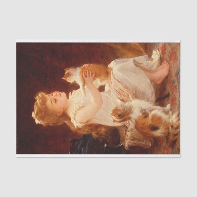 Papel De Seda Pequena Criança Brincando com o gatinho (1893) (Frente )