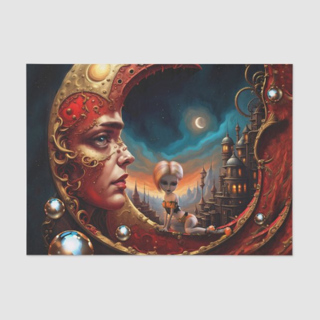 Papel De Seda Pequena fada sentada sobre uma lua vermelha de our (Frente )