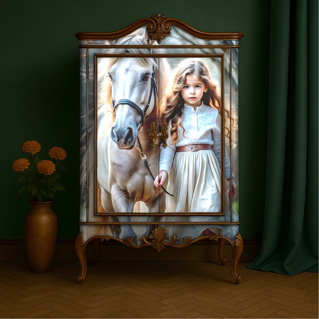 Papel De Seda Pequena Garota Vestida Branca Fazenda de Histórias (Little Girl in Cream Dress with White Horse - Storybook Farm Decoupage Tissue Paper)