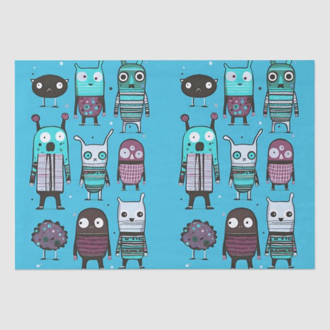Papel De Seda Pequenos Monstros Bonitos Zombie Padrão Azul Engra (Frente )
