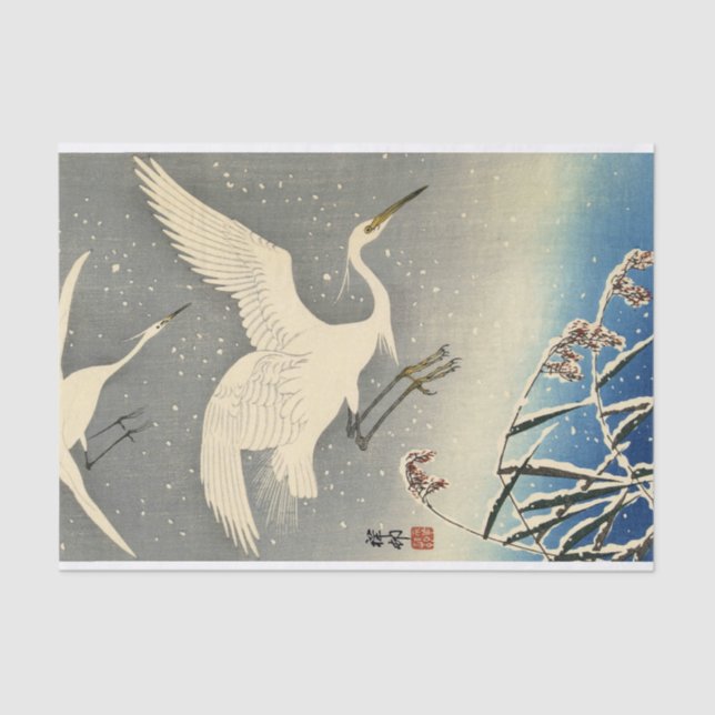 Papel De Seda Perching Herons in Snow por Ohara Koson (Frente )
