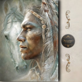 Papel De Seda Perfil de Guerreiro Nativo & Descoupagem de Cavalo