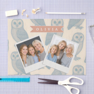 Papel De Seda Personalizado Blue Owl Vintage Woodland Cottagecor