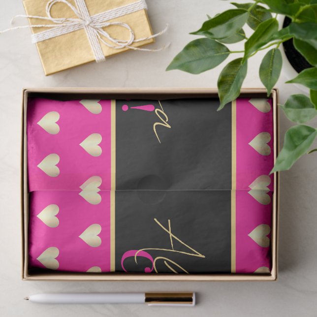 Papel De Seda Personalized Hot Pink Black Gold Heart Christmas (Presente)