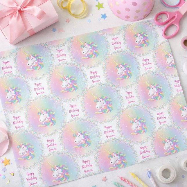 Papel De Seda Personalized Pastel Rainbow Unicorn Happy Birthday (Criador carregado)