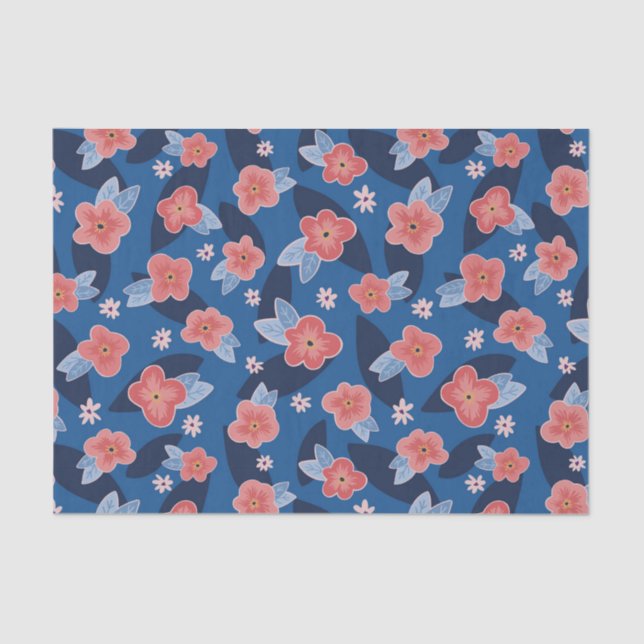 Papel De Seda Pêssego Moderno e Padrão Floral Azul (Frente )