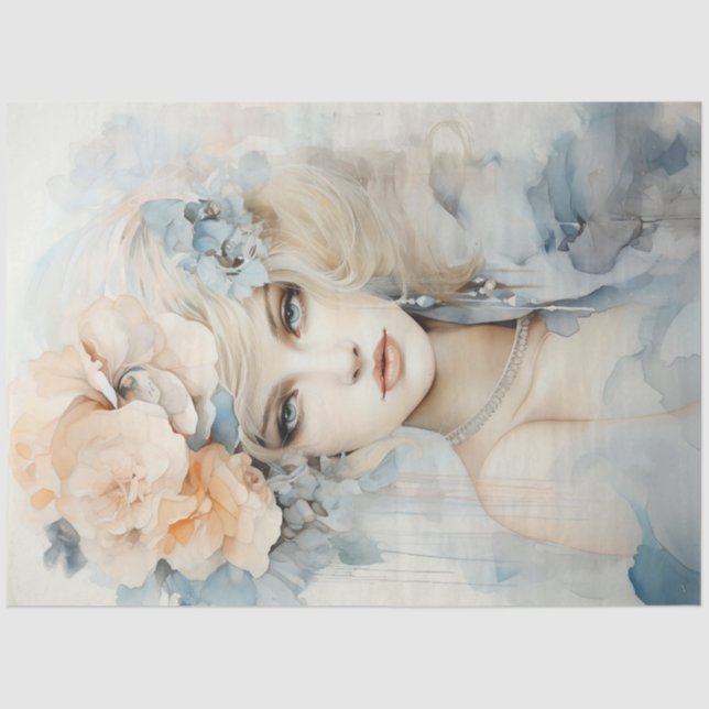 Papel De Seda Pêssego verde pastel de aquarela retrato feminino (Frente )