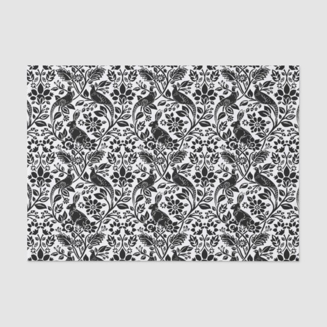 Papel De Seda Pheasant and Hare Patterno, Branco e Preto (Frente )