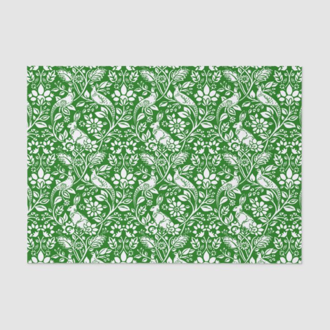 Papel De Seda Pheasant and Hare Patterno, Emerald Green e White (Frente )