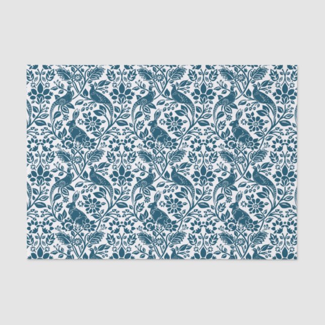 Papel De Seda Pheasant and Hare Patterno, White e Dark Blue (Frente )