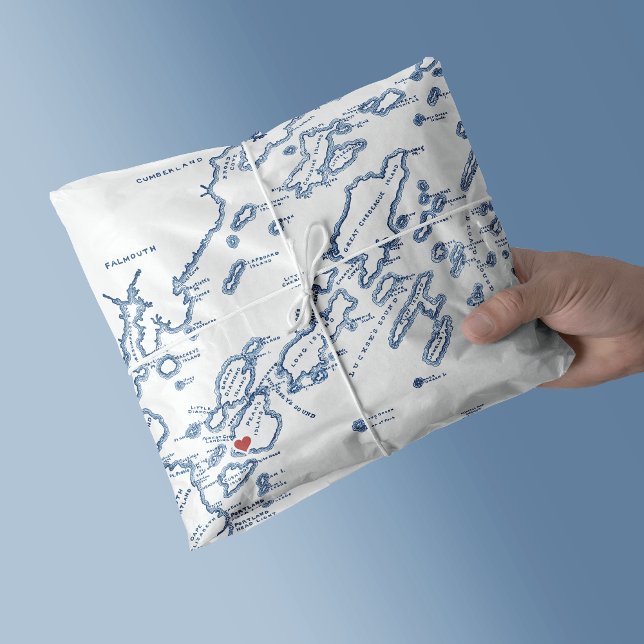 Papel De Seda Picos da ilha Maine Casco Mapa Elegante do Marinho (Peaks Island Maine Map Casco Bay Tissue Paper in elegant navy blue from Coastal Map Designs)