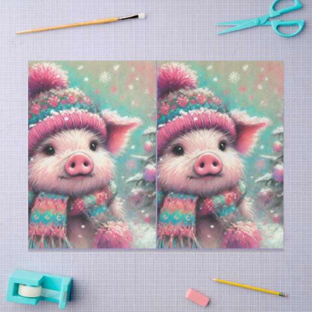 Papel De Seda Pig Winter Hat Scarf Chalk-Pastel Decoupage (Arte )