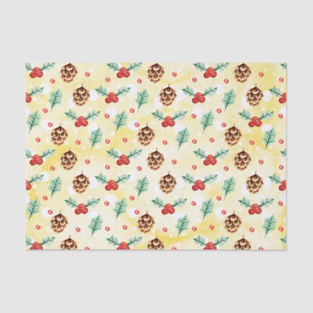 Papel De Seda Pine Cones e Holly Natal Patterno (Frente )