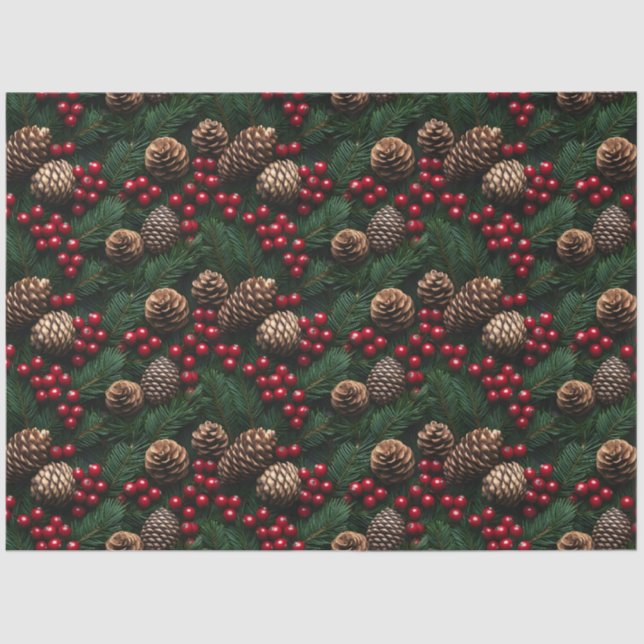 Papel De Seda Pine Cones Holly Berries Spruce Sprig Padrão (Frente )