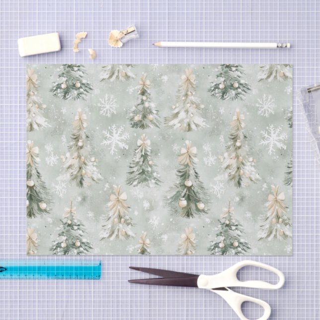 Papel De Seda Pine Green Cream Christmas Trees Snowflakes (Arte )