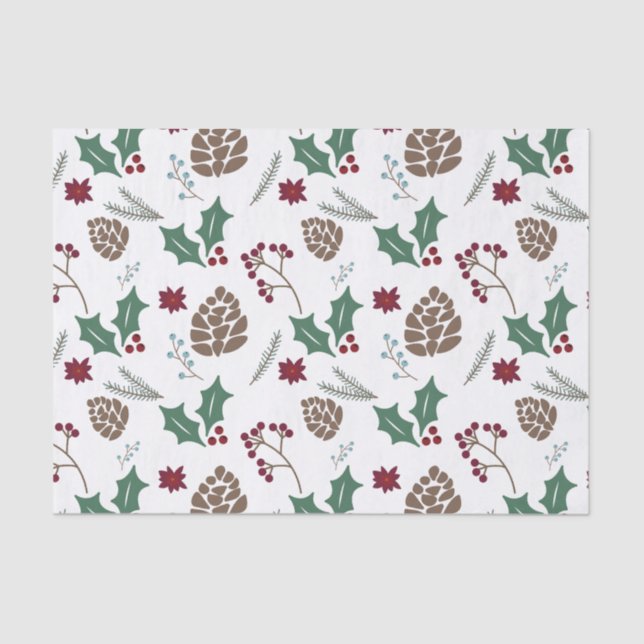 Papel De Seda Pinecone, Holly & Berries Red, Verde Branco (Frente )
