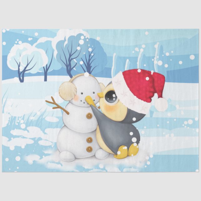 Papel De Seda Pinguim Da Cena De Inverno E Neve (Frente )